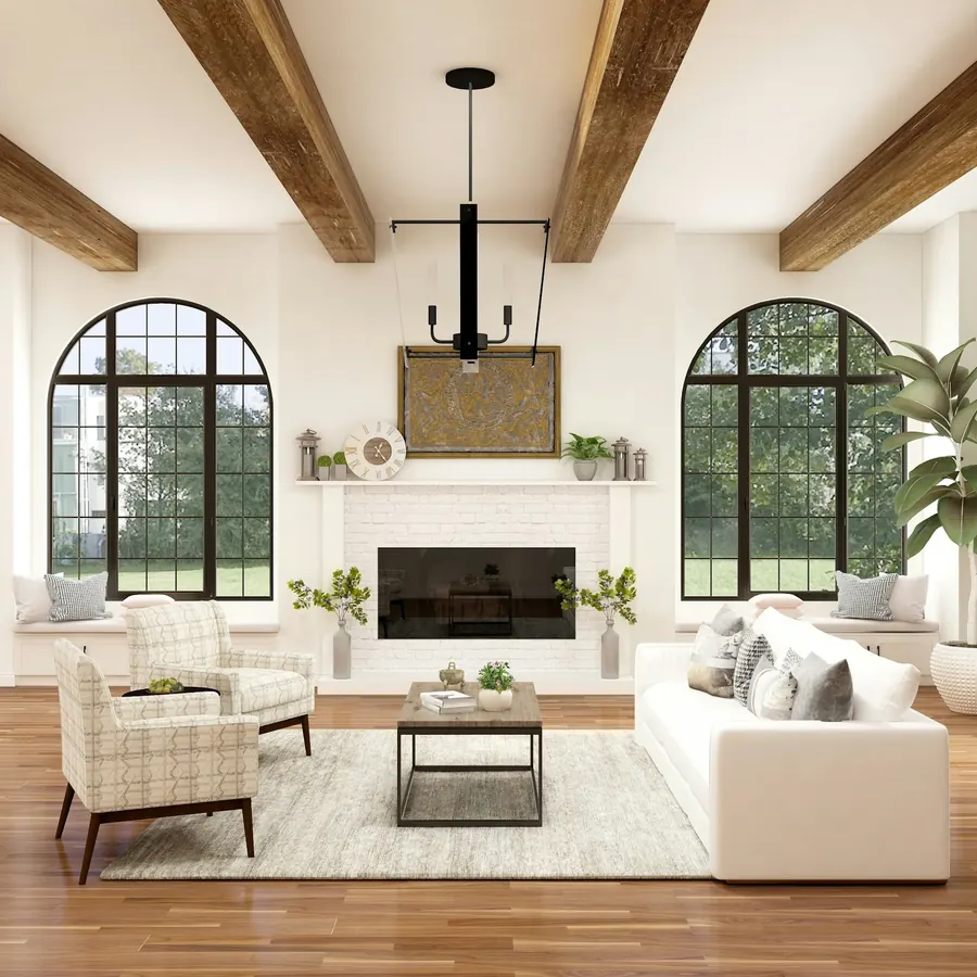 Salón con vigas de madera y ventanas en arco