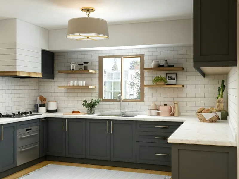 Cocina en verde grisáceo con suelo de madera